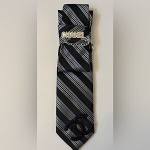 Black Tie with Silver and Blue Stripes